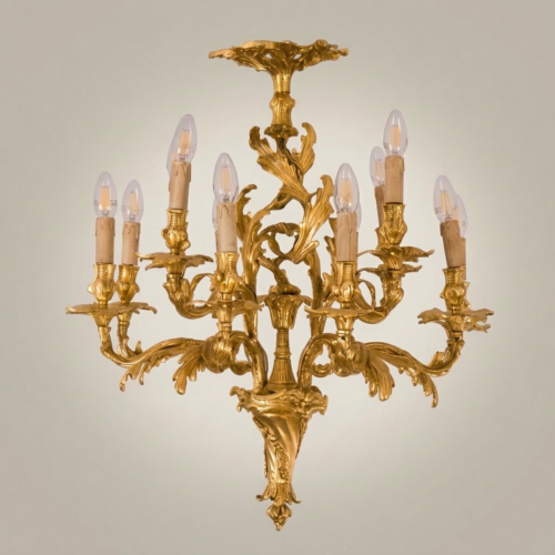 Rococo Louis XV Hand-Cast Brass 10-Arm Acanthus Scroll Candelabra Chandelier – Brass & Wood Gold Front | Brass & Wood