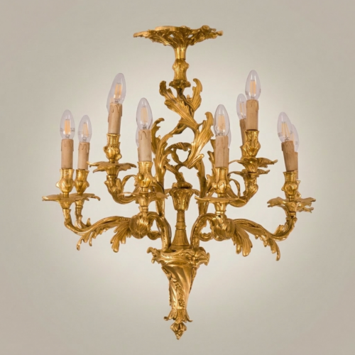 Rococo Louis XV Hand-Cast Brass 10-Arm Acanthus Scroll Candelabra Chandelier – Brass & Wood Gold Front | Brass & Wood