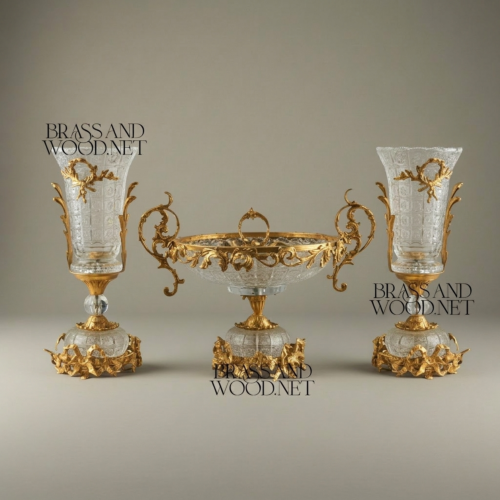 Rococo Ormolu-Mounted Cut Crystal Garniture Three-Piece Set Centrepiece Bowl and Vase Pair Acanthus Scroll Brass Mounts Gold Front | Brass & Wood