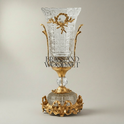 Rococo Ormolu-Mounted Cut Crystal Garniture Three-Piece Set Centrepiece Bowl and Vase Pair Acanthus Scroll Brass Mounts Gold Front | Brass & Wood