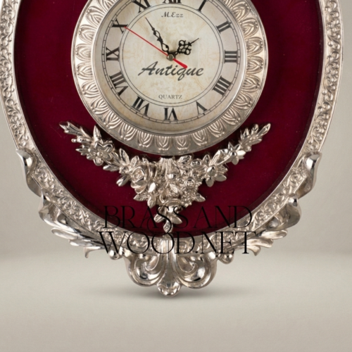 Rococo Oval Gilded Cartel Wall Clock Crimson Velvet Panel Floral Carved Crest Brass and Wood Silver Front | Brass & Wood