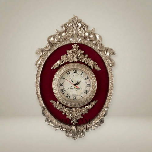 Rococo Oval Gilded Cartel Wall Clock Crimson Velvet Panel Floral Carved Crest Brass and Wood Silver Front | Brass & Wood