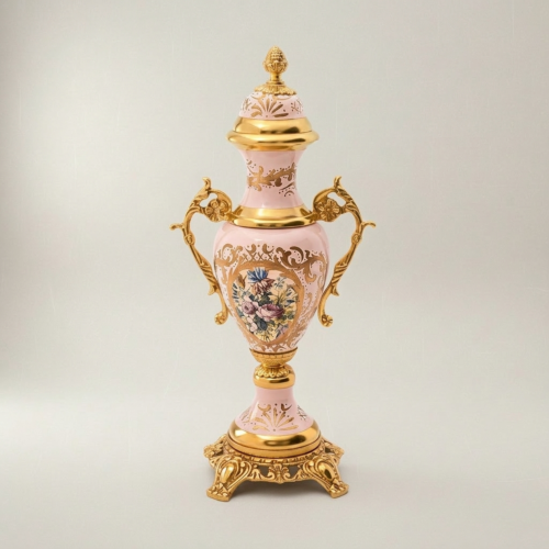 Rococo Pink Porcelain and Brass 3-Piece Garniture Set Hand-Painted Floral Medallions Scrollwork Mounts Gold Side | Brass & Wood