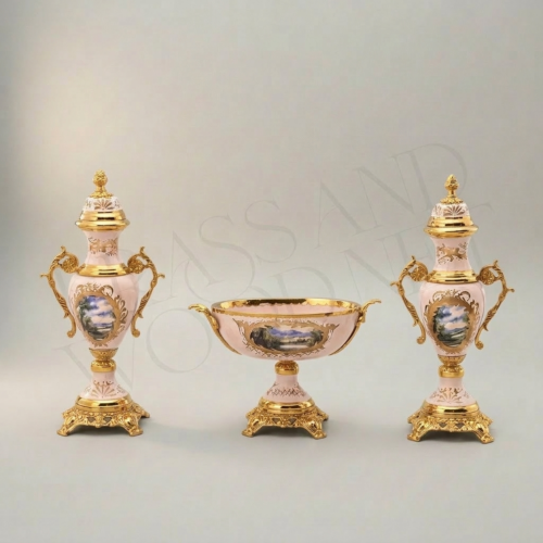 Rococo Pink Porcelain and Brass 3-Piece Garniture Set Hand-Painted Floral Medallions Scrollwork Mounts Gold Side | Brass & Wood