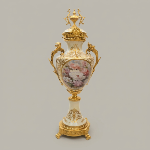 Rococo Porcelain Covered Urn Vase with Brass Mounts and Hand-Painted Floral Medallion - Brass & Wood Gold Front | Brass & Wood