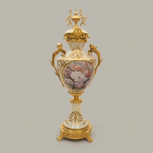 Rococo Porcelain Covered Urn Vase with Brass Mounts and Hand-Painted Floral Medallion - Brass & Wood Gold Front | Brass & Wood