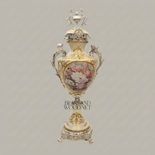 Rococo Porcelain Covered Urn Vase with Brass Mounts and Hand-Painted Floral Medallion - Brass & Wood Silver Front | Brass & Wood