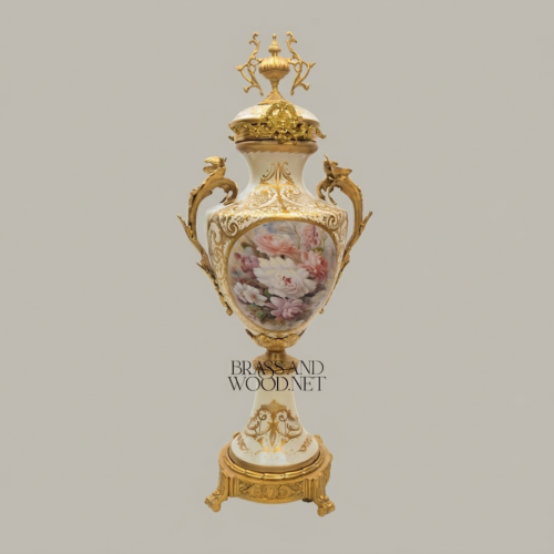 Rococo Porcelain Covered Urn Vase with Brass Mounts and Hand-Painted Floral Medallion - Brass & Wood Antique Gold Front | Brass & Wood