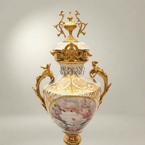 Rococo Porcelain Covered Urn Vase with Brass Mounts and Hand-Painted Floral Medallion - Brass & Wood Gold Front | Brass & Wood