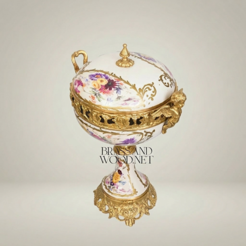 Rococo Porcelain & Brass Lidded Compote Urn – Hand-Painted Floral on Pedestal
