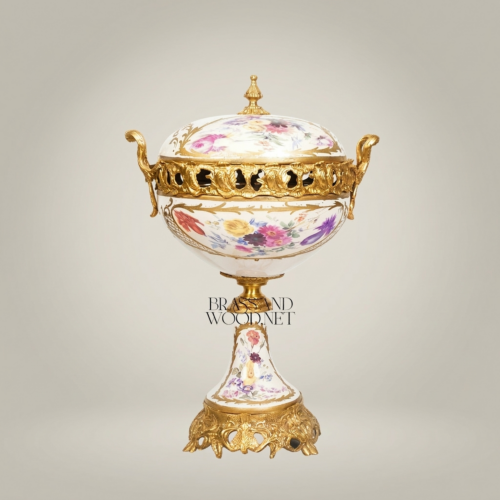 Rococo Porcelain & Brass Lidded Compote Urn – Hand-Painted Floral on Pedestal