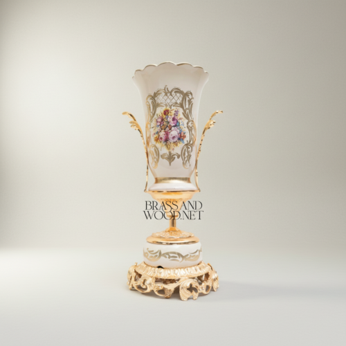 Rococo Porcelain Vase & Centrepiece Set – Hand-Painted Floral Bouquet on Ornate Brass Pedestal