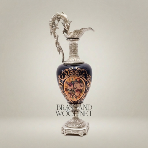 Rococo Revival Cobalt Ceramic Ewer Vase with Gilt Dolphin Handle and Hand-Painted Landscape Medallion Silver Front | Brass & Wood
