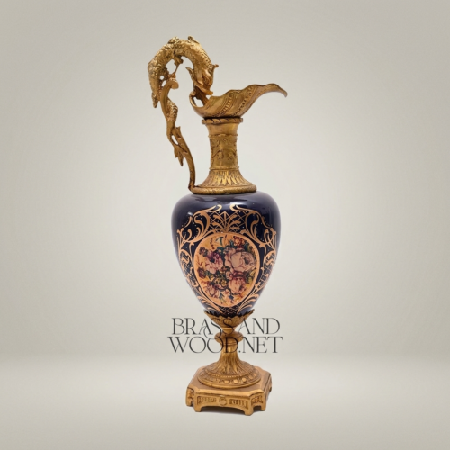 Rococo Revival Cobalt Ceramic Ewer Vase with Gilt Dolphin Handle and Hand-Painted Landscape Medallion Antique Gold Front | Brass & Wood