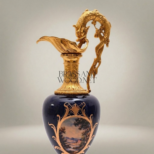 Rococo Revival Cobalt Ceramic Ewer Vase with Gilt Dolphin Handle and Hand-Painted Landscape Medallion Gold Front | Brass & Wood