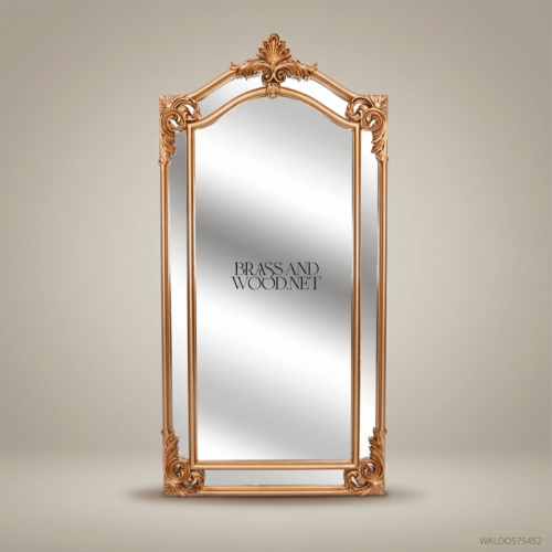 Rococo Revival Antique Gold Floor Mirror Arched Crest Acanthus Corner Carvings 205x100cm Brass and Wood Front View | Brass & Wood
