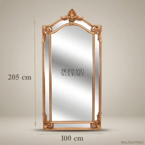 Rococo Revival Antique Gold Floor Mirror Arched Crest Acanthus Corner Carvings 205x100cm Brass and Wood Front View | Brass & Wood