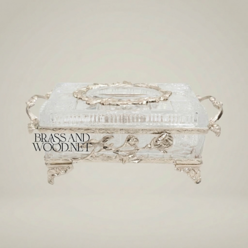 Rococo Rose-Relief Crystal Tissue Box Holder with Ornate Metal Frame