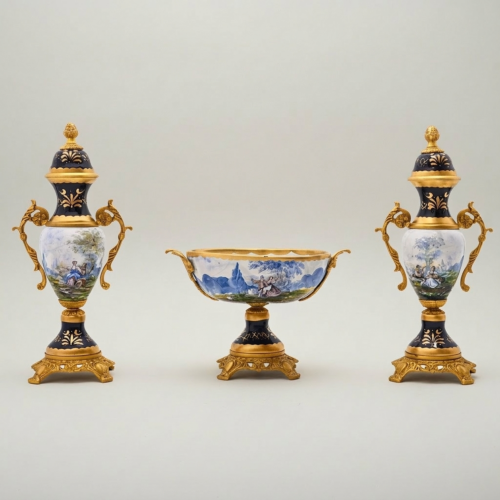 Rococo Sèvres-Style Ceramic & Brass Vase Garniture Set – Hand-Painted Pastoral Scenes