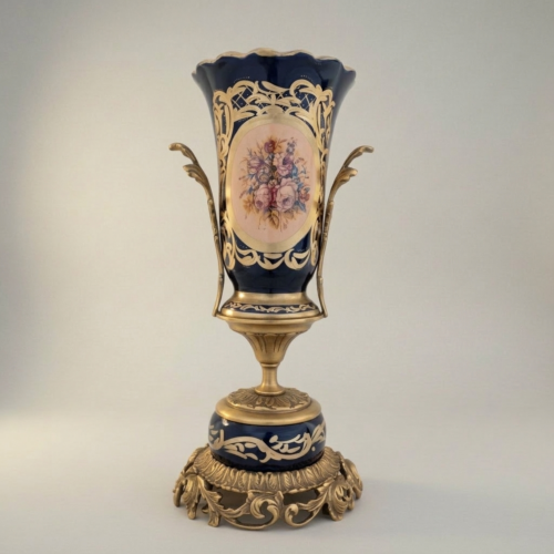 Rococo Sèvres-Style Navy Blue Ceramic Urn Vase Floral Cartouche Pierced Gilt Brass Base Brass and Wood Antique Gold Front | Brass & Wood