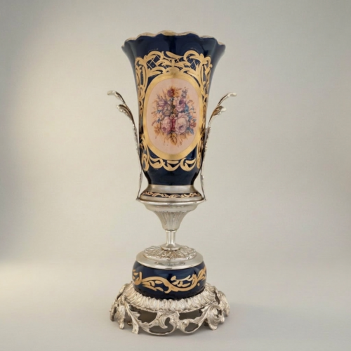 Rococo Sèvres-Style Navy Blue Ceramic Urn Vase Floral Cartouche Pierced Gilt Brass Base Brass and Wood Silver Front | Brass & Wood