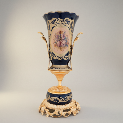 Rococo Sèvres-Style Navy Blue Ceramic Urn Vase Floral Cartouche Pierced Gilt Brass Base Brass and Wood Gold Detail | Brass & Wood