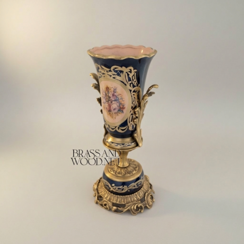 Rococo Sèvres-Style Navy Blue Ceramic Urn Vase Floral Cartouche Pierced Gilt Brass Base Brass and Wood Antique Gold Front | Brass & Wood