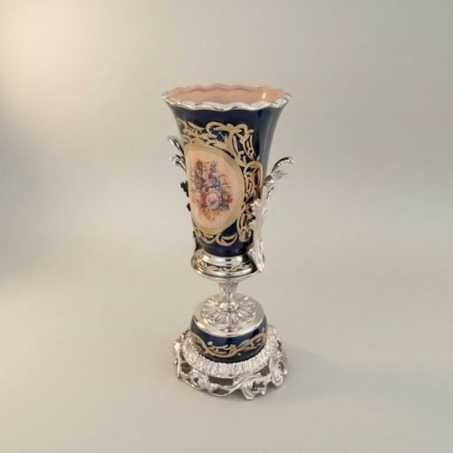 Rococo Sèvres-Style Navy Blue Ceramic Urn Vase Floral Cartouche Pierced Gilt Brass Base Brass and Wood Silver Front | Brass & Wood