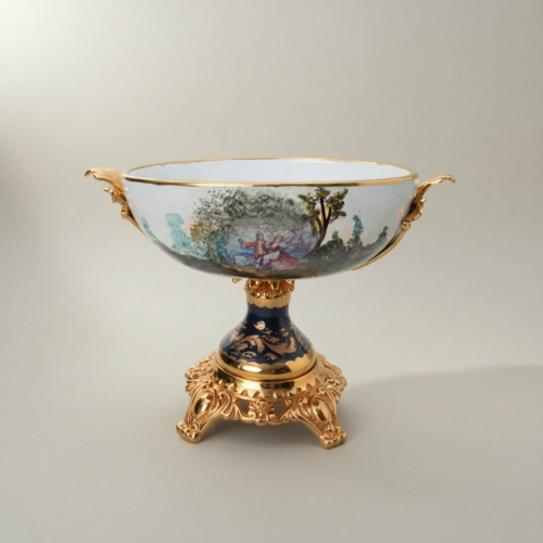 Rococo Sèvres-Style Porcelain & Brass Garniture Set - Hand-Painted Pastoral Medallion