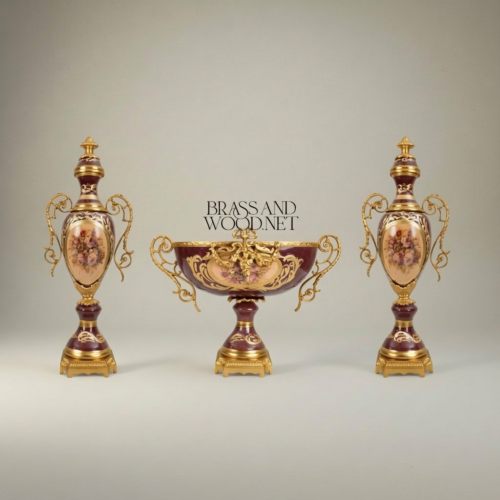 Rococo Sèvres-Style Ceramic & Brass Garniture Set - Burgundy Floral Medallion