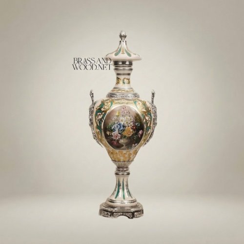 Rococo Sèvres-Style Lidded Ceramic Urn Vase Hand-Painted Floral Medallion Brass Mounts Turquoise Brass and Wood Silver Front | Brass & Wood