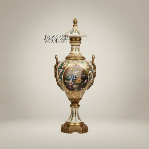 Rococo Sèvres-Style Lidded Ceramic Urn Vase Hand-Painted Floral Medallion Brass Mounts Turquoise Brass and Wood Antique Gold Front | Brass & Wood