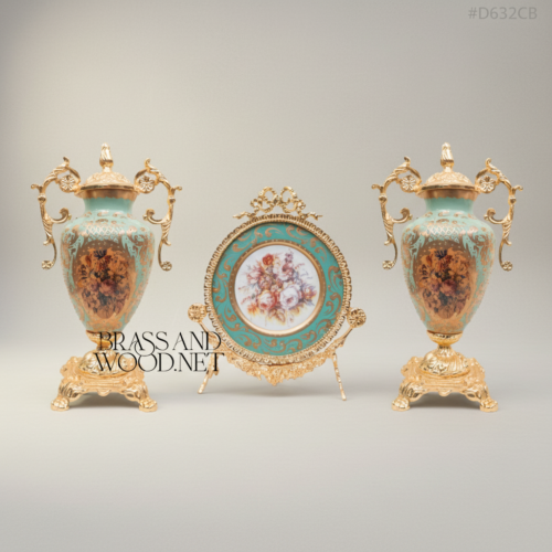 Rococo Sèvres Turquoise Ceramic Urn Vases and Decorative Display Plate 3-Piece Set with Ornate Brass Mounts Gold Front | Brass & Wood