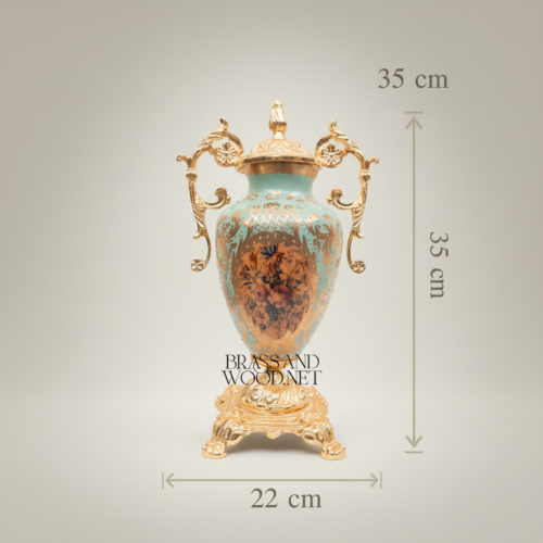 Rococo Sèvres Turquoise Ceramic Urn Vases and Decorative Display Plate 3-Piece Set with Ornate Brass Mounts Gold Front | Brass & Wood