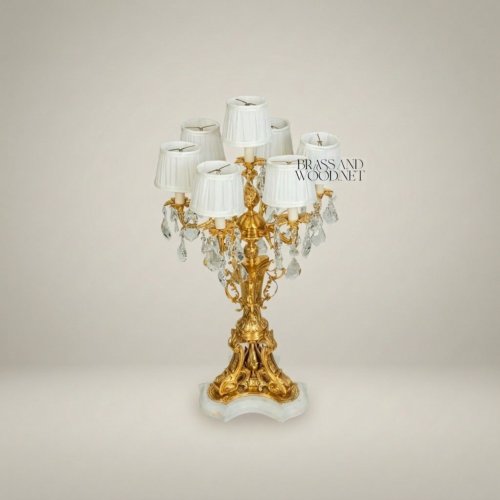 Rococo Six-Arm Brass Candelabra Table Lamp Crystal Drops White Shades Alabaster Base Brass and Wood Gold Front | Brass & Wood