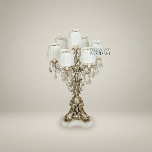 Rococo Six-Arm Brass Candelabra Table Lamp Crystal Drops White Shades Alabaster Base Brass and Wood Silver Front | Brass & Wood