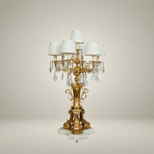 Rococo Six-Arm Brass Candelabra Table Lamp Crystal Drops White Shades Alabaster Base Brass and Wood Gold Front | Brass & Wood
