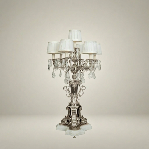 Rococo Six-Arm Brass Candelabra Table Lamp Crystal Drops White Shades Alabaster Base Brass and Wood Silver Front | Brass & Wood