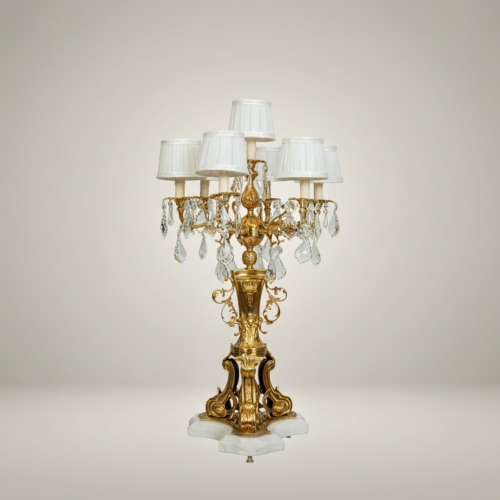 Rococo Six-Arm Brass Candelabra Table Lamp Crystal Drops White Shades Alabaster Base Brass and Wood Antique Gold Front | Brass & Wood