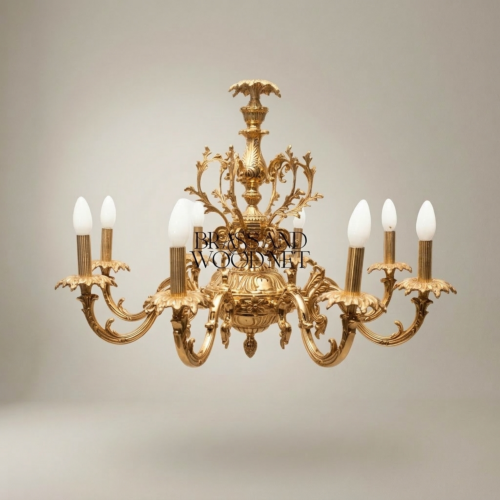 Rococo Solid Brass 8-Arm Chandelier Acanthus Scroll Canopy Candle Lights Gold Front | Brass & Wood