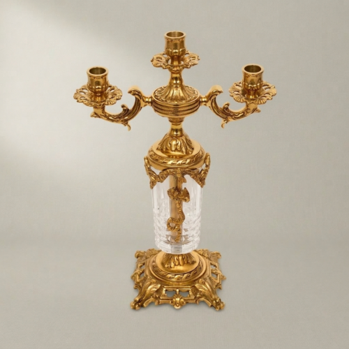 Rococo Three-Arm Brass and Crystal Candelabra Ornate Acanthus Scrollwork Base Gold Front | Brass & Wood