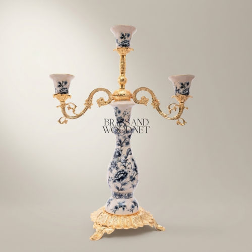 Rococo Three-Arm Candelabra Blue Floral Porcelain Body Gilt Acanthus Brass Base Brass and Wood Gold Front | Brass & Wood