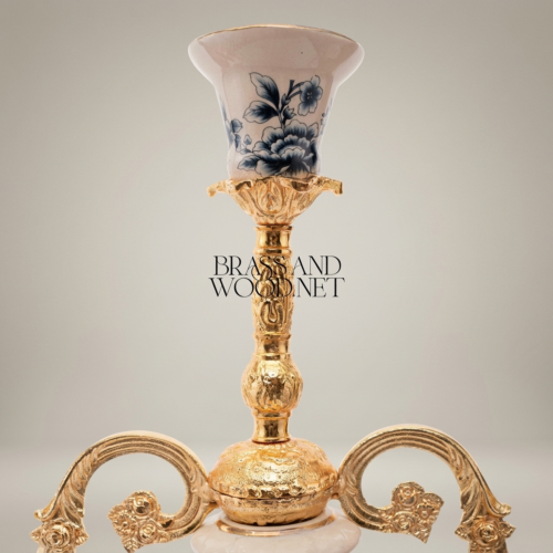 Rococo Three-Arm Candelabra Blue Floral Porcelain Body Gilt Acanthus Brass Base Brass and Wood Gold Front | Brass & Wood