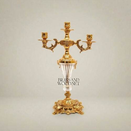 Rococo Three-Arm Brass Candelabra Crystal Column Ornate Base Brass and Wood Gold Front | Brass & Wood