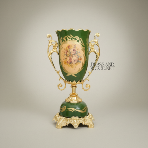 Rococo Trophy Cup Vase Forest Green Ceramic Floral Medallion Ornate Gilt Brass Handles Brass and Wood Gold Front | Brass & Wood