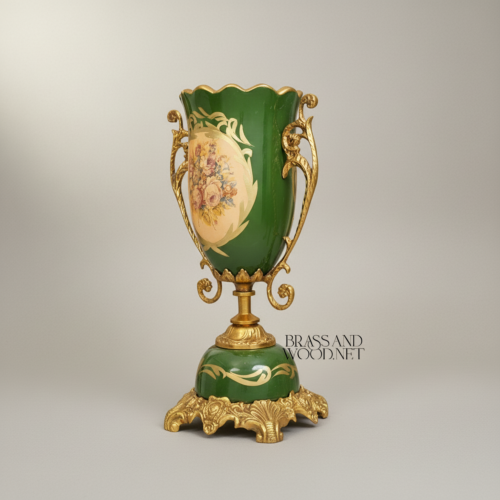 Rococo Trophy Cup Vase Forest Green Ceramic Floral Medallion Ornate Gilt Brass Handles Brass and Wood Antique Gold Side | Brass & Wood