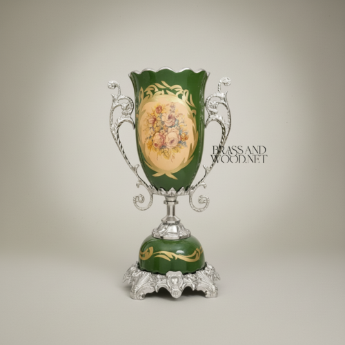 Rococo Trophy Cup Vase Forest Green Ceramic Floral Medallion Ornate Gilt Brass Handles Brass and Wood Silver Front | Brass & Wood