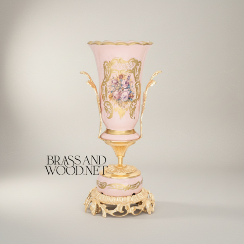 Rococo Trumpet Vase Blush Pink Ceramic Hand-Painted Floral Ornate Metal Base Brass and Wood Gold Front | Brass & Wood