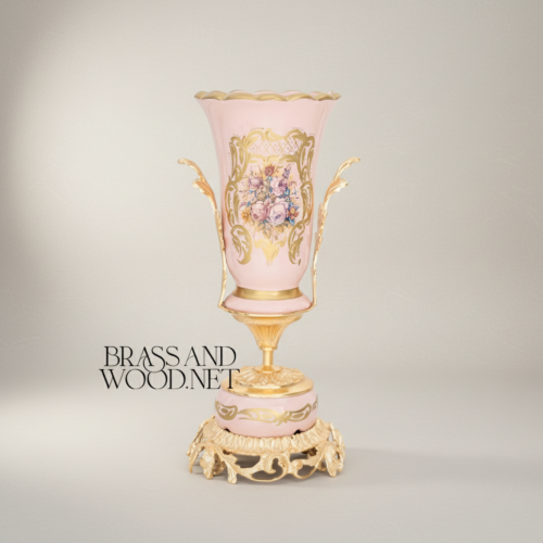 Rococo Trumpet Vase Blush Pink Ceramic Hand-Painted Floral Ornate Metal Base Brass and Wood Gold Front | Brass & Wood