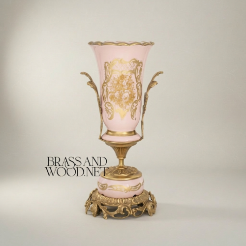 Rococo Trumpet Vase Blush Pink Ceramic Hand-Painted Floral Ornate Metal Base Brass and Wood Antique Gold Front | Brass & Wood